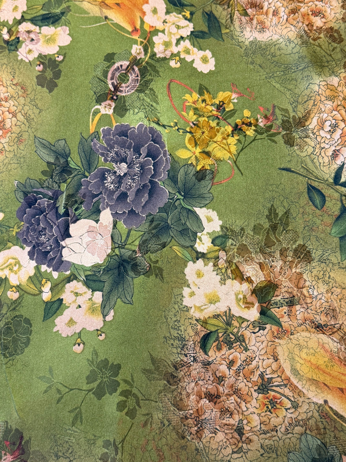 Green Floral Chinoiserie Satin Fabric – 100% Polyester, 145cm Wide