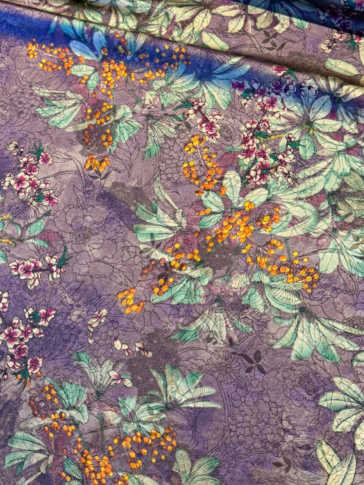 Purple Floral Chinoiserie Satin – 100% Polyester – 145 cm Wide
