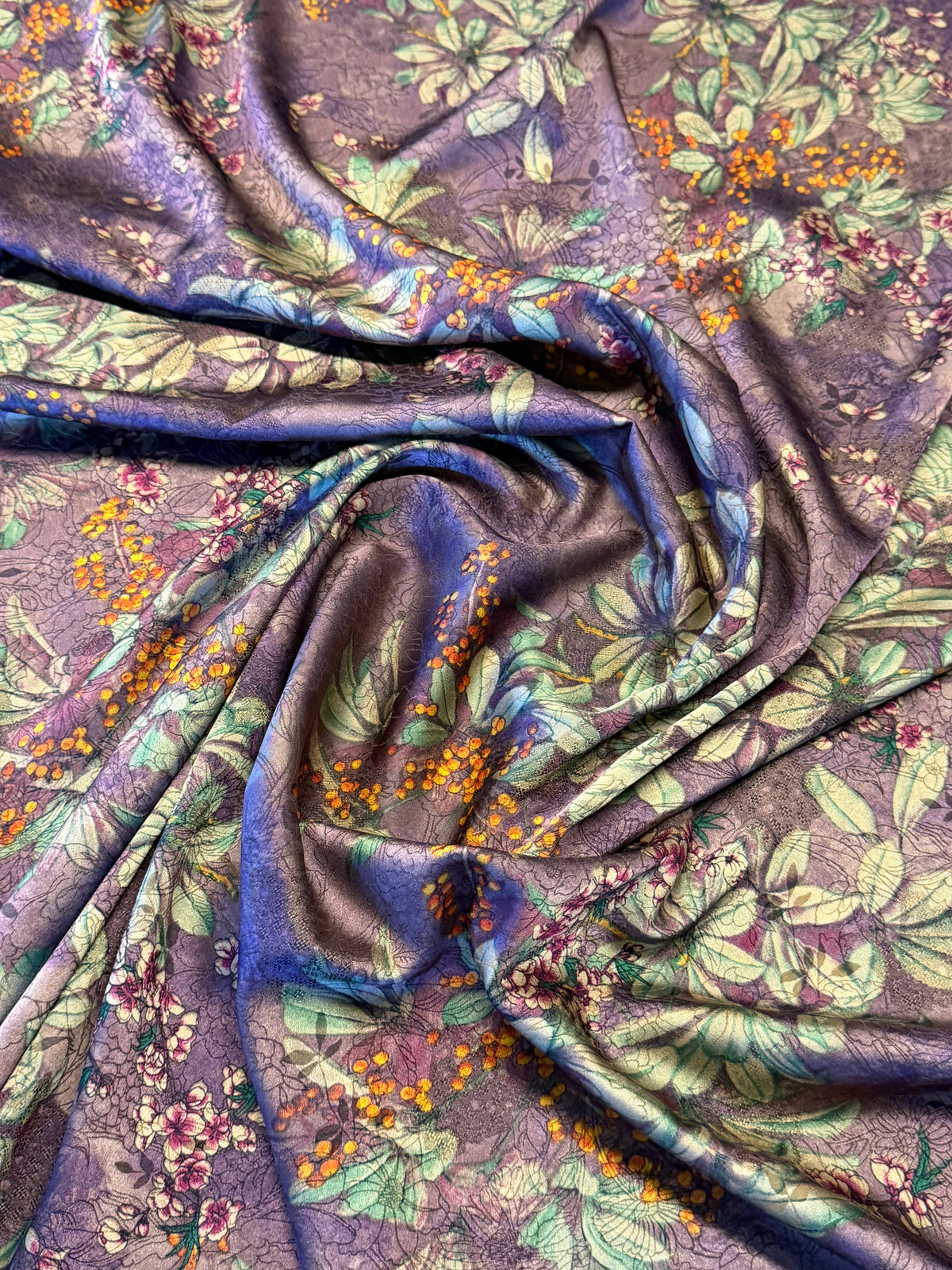 Purple Floral Chinoiserie Satin – 100% Polyester – 145 cm Wide