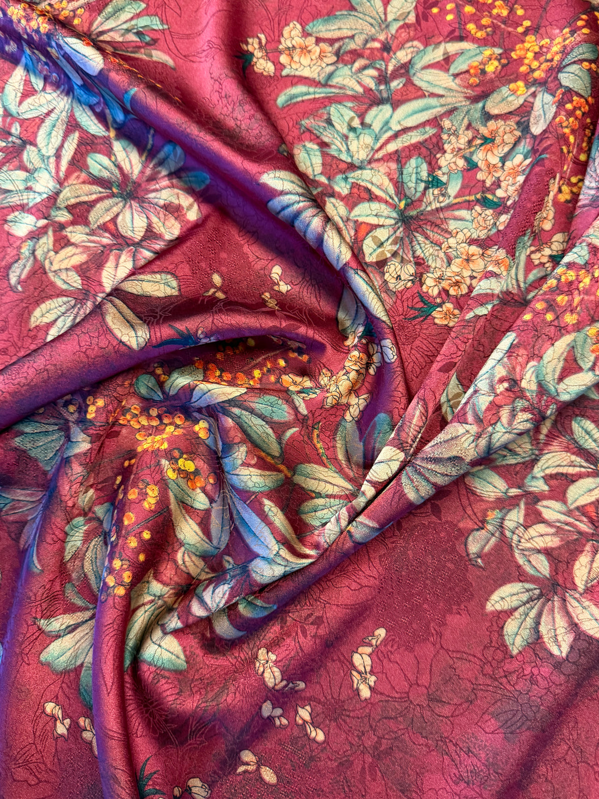 Burgundy Floral Chinoiserie Satin – 100% Polyester – 145 cm Wide