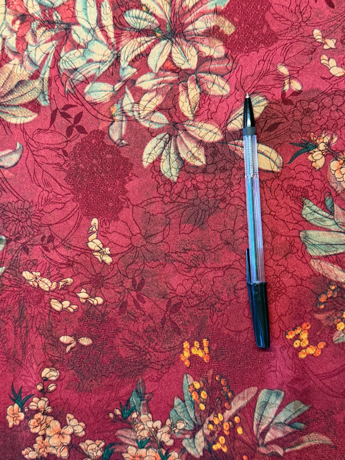 Burgundy Floral Chinoiserie Satin – 100% Polyester – 145 cm Wide