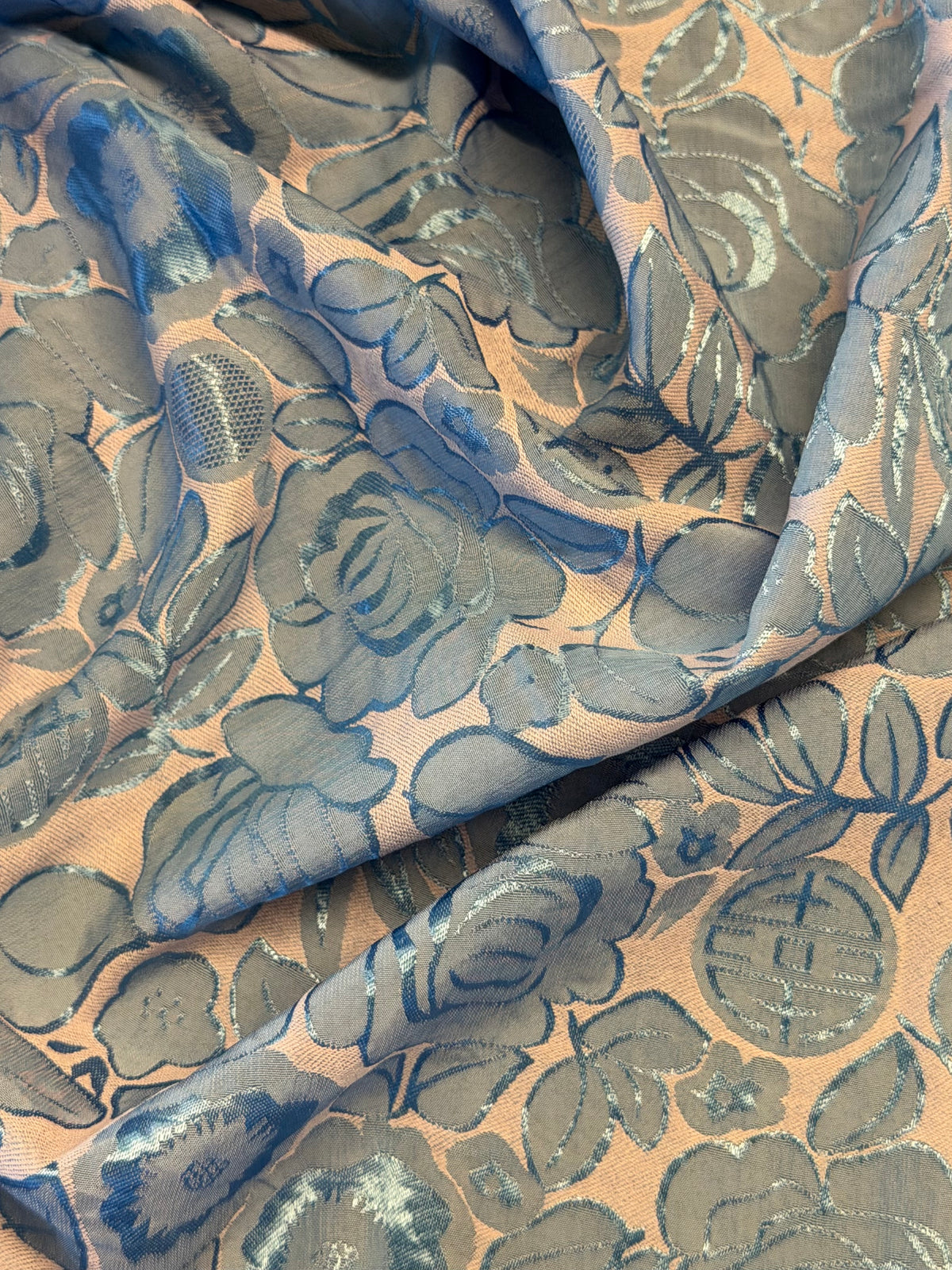 Sky Blue Floral Jacquard - 100% Polyester - 150cms Wide