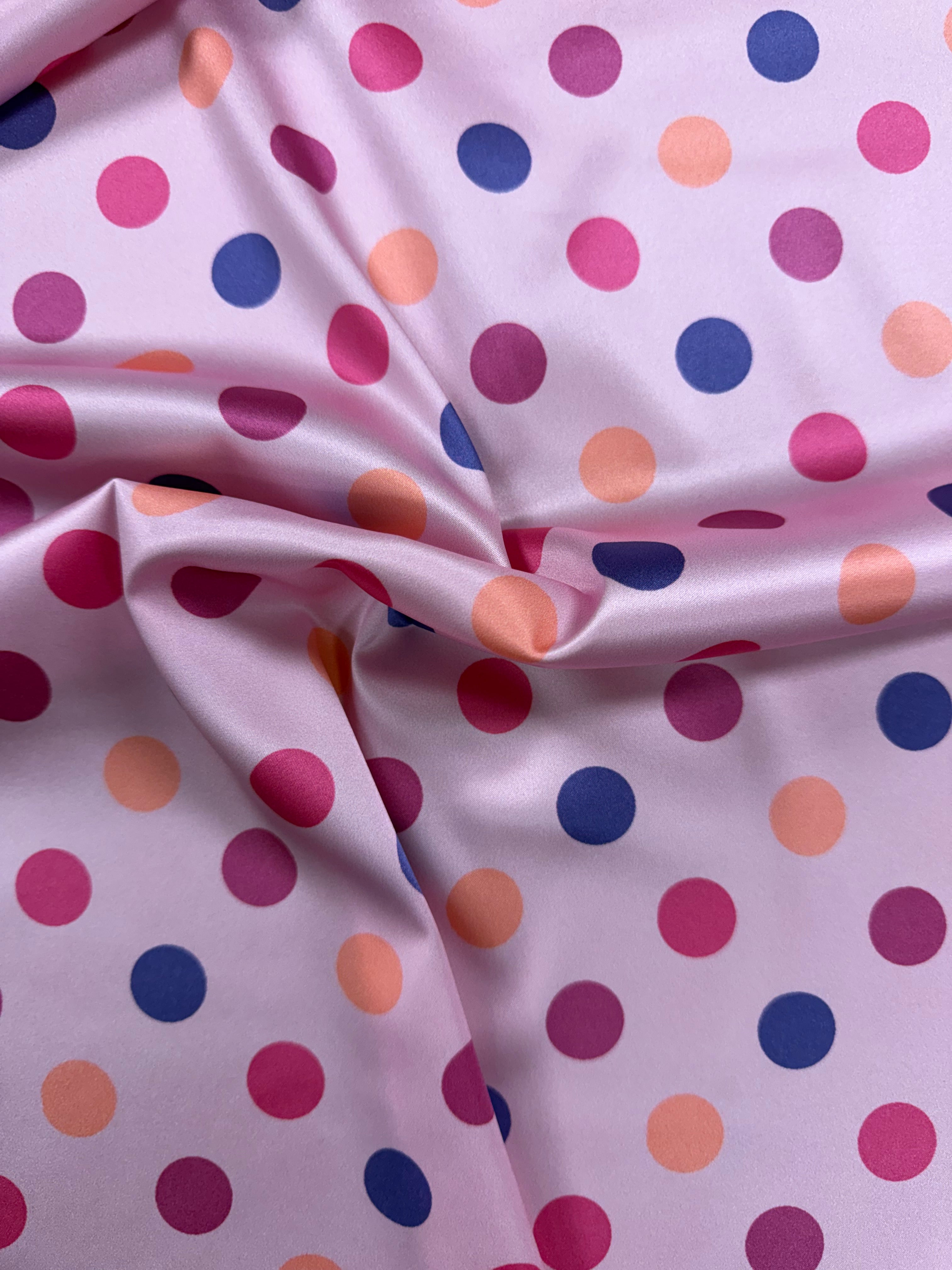 Italian Pink Stretch Polyester Satin – Polka Dot Print – 140 cm Wide