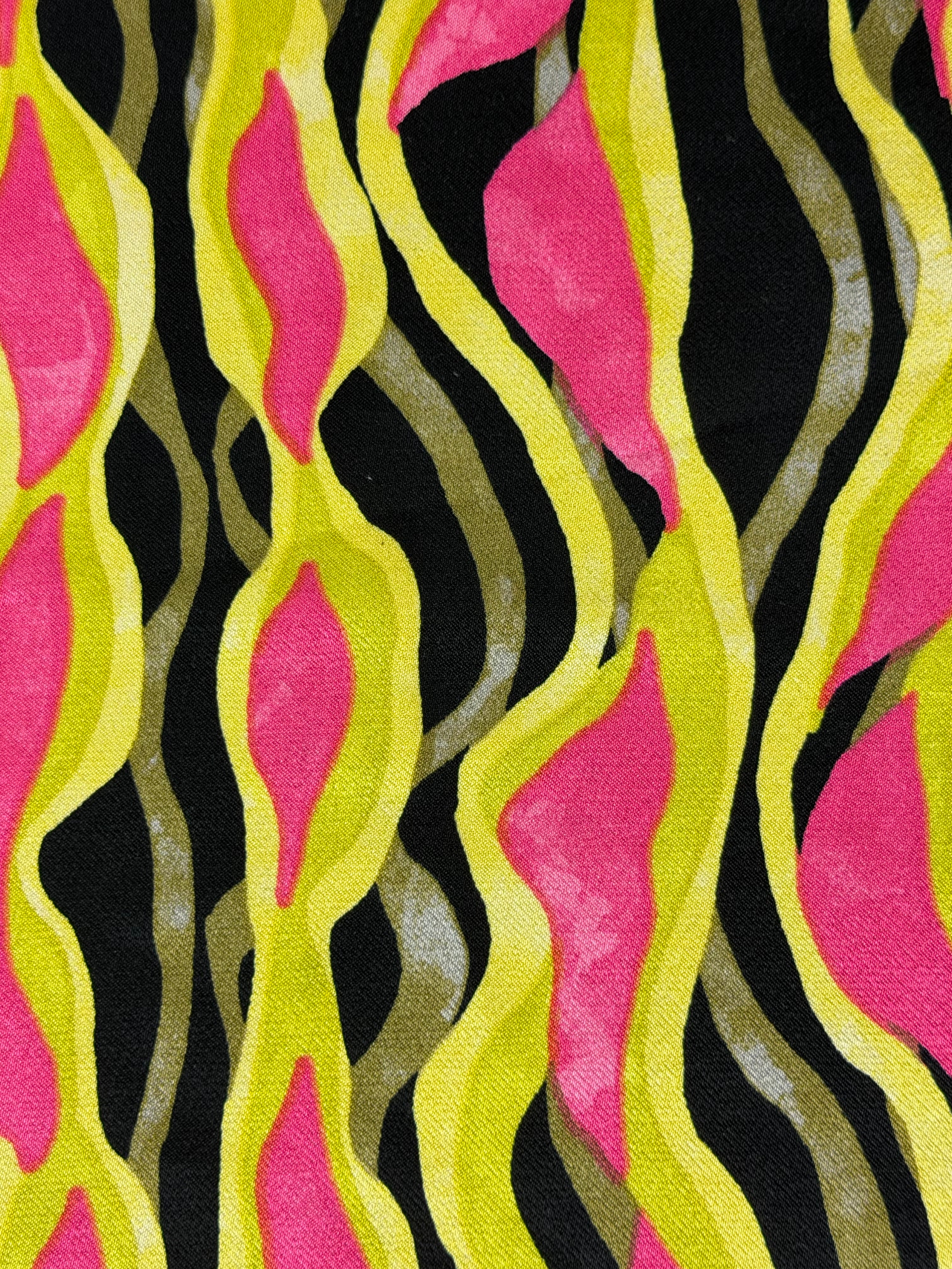 Italian Contemporary Printed Viscose Fabric – Chartreuse, Black & Cerise Pink – 140 cm Wide