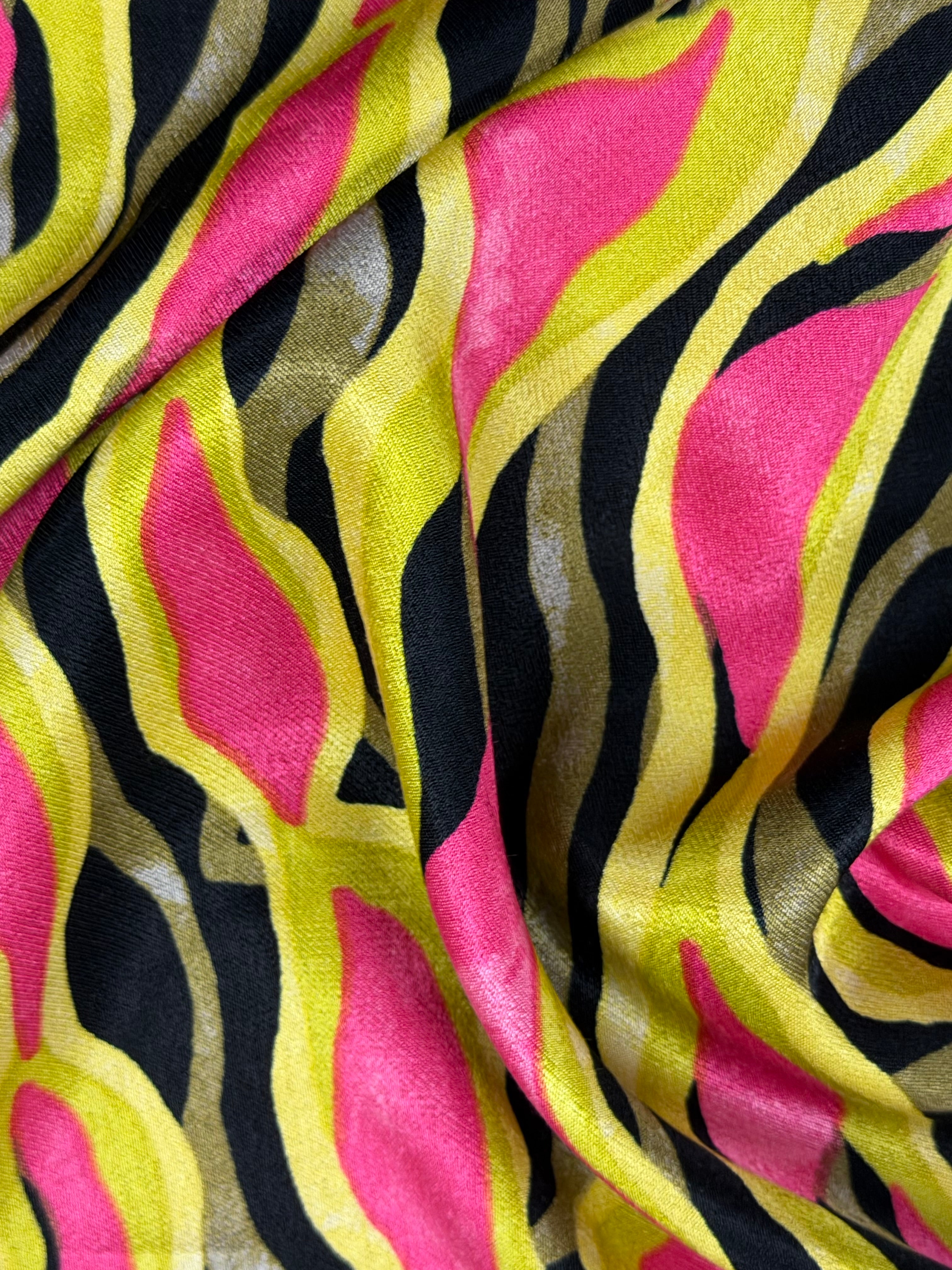 Italian Contemporary Printed Viscose Fabric – Chartreuse, Black & Cerise Pink – 140 cm Wide