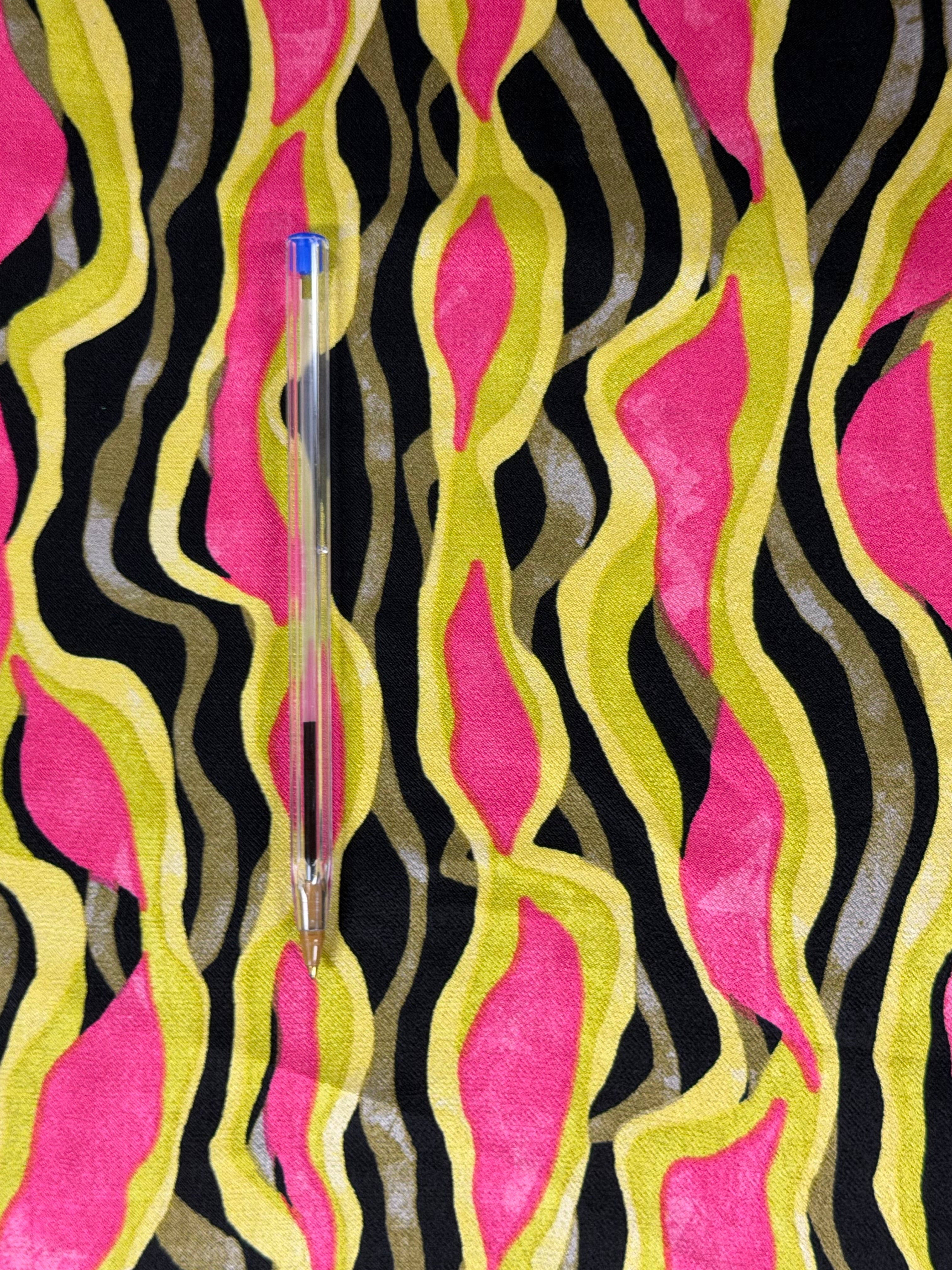 Italian Contemporary Printed Viscose Fabric – Chartreuse, Black & Cerise Pink – 140 cm Wide