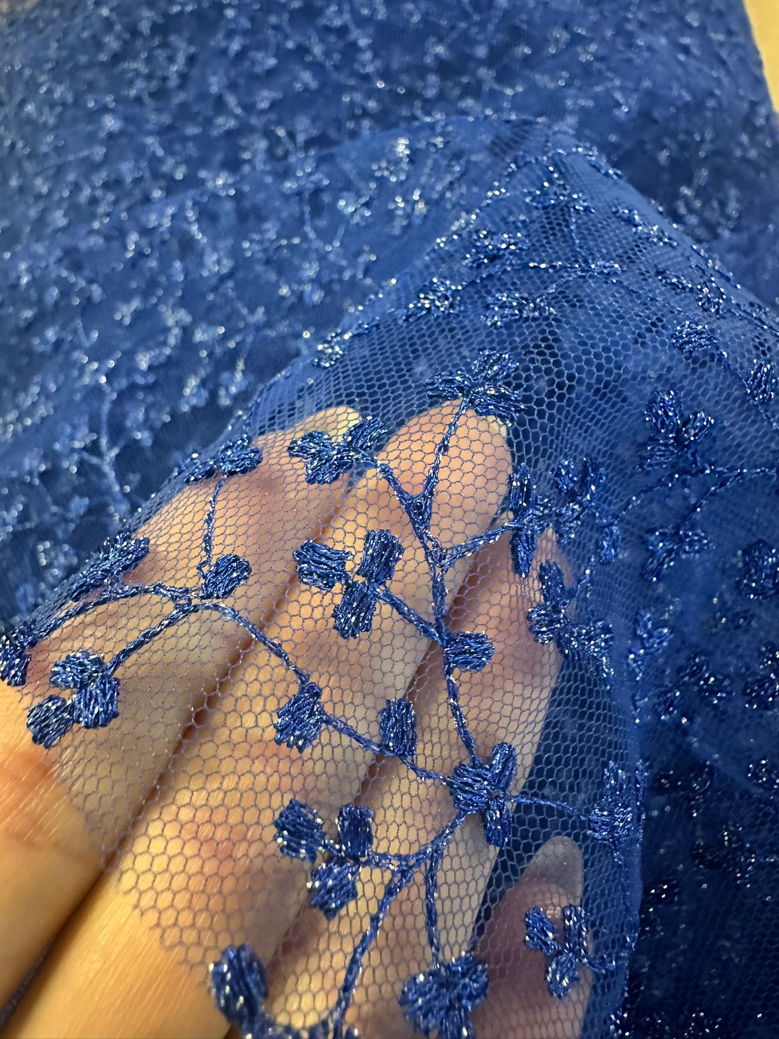 Cobalt Blue Embroidered Lace Fabric with Metallic Thread – Delicate Floral Design