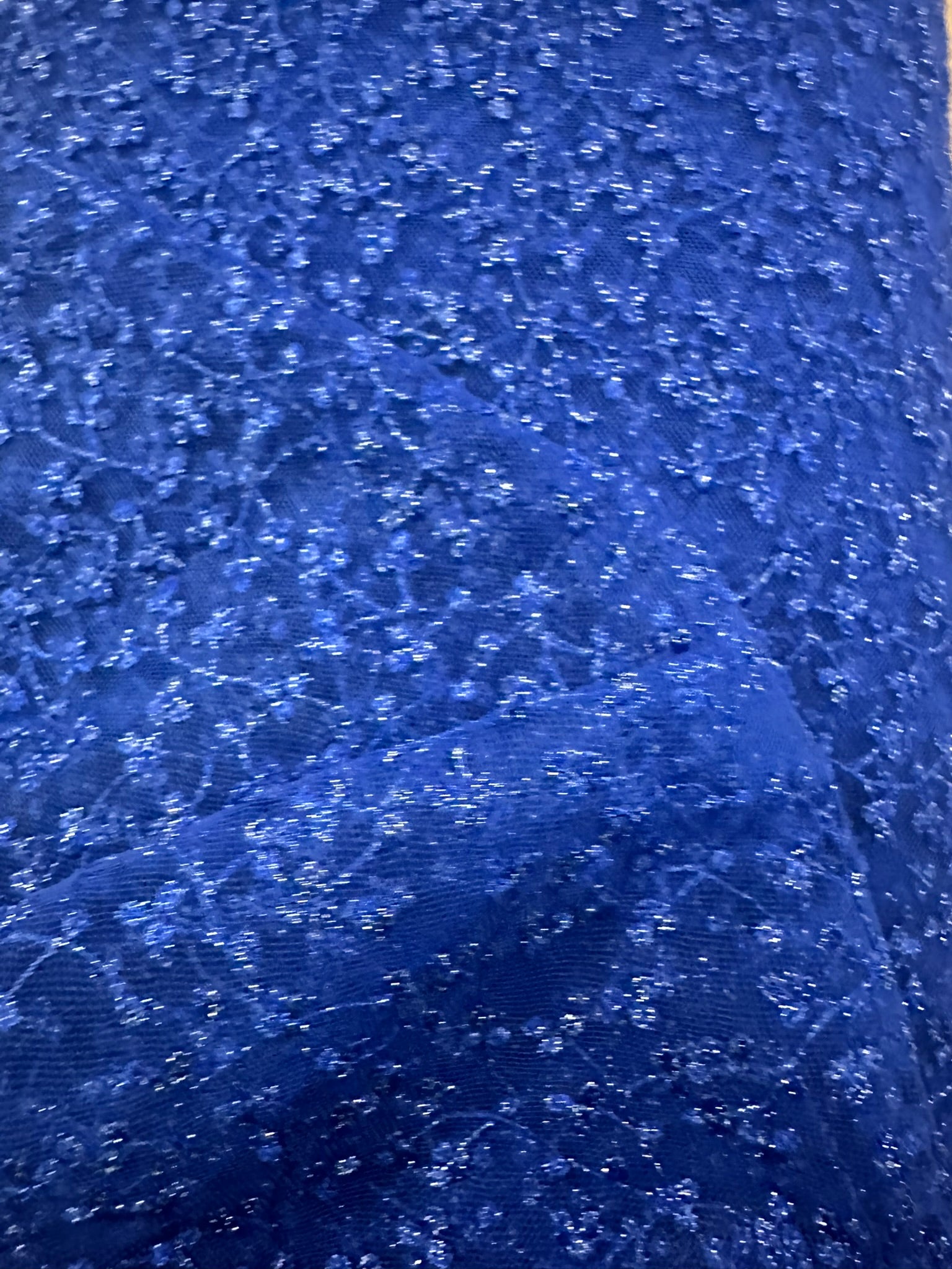 Cobalt Blue Embroidered Lace Fabric with Metallic Thread – Delicate Floral Design