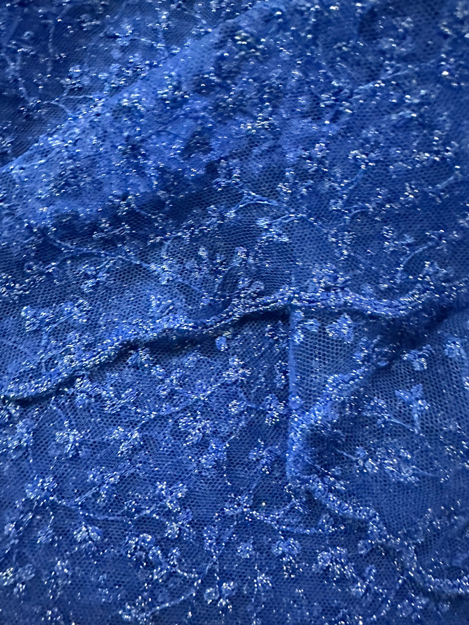 Cobalt Blue Embroidered Lace Fabric with Metallic Thread – Delicate Floral Design