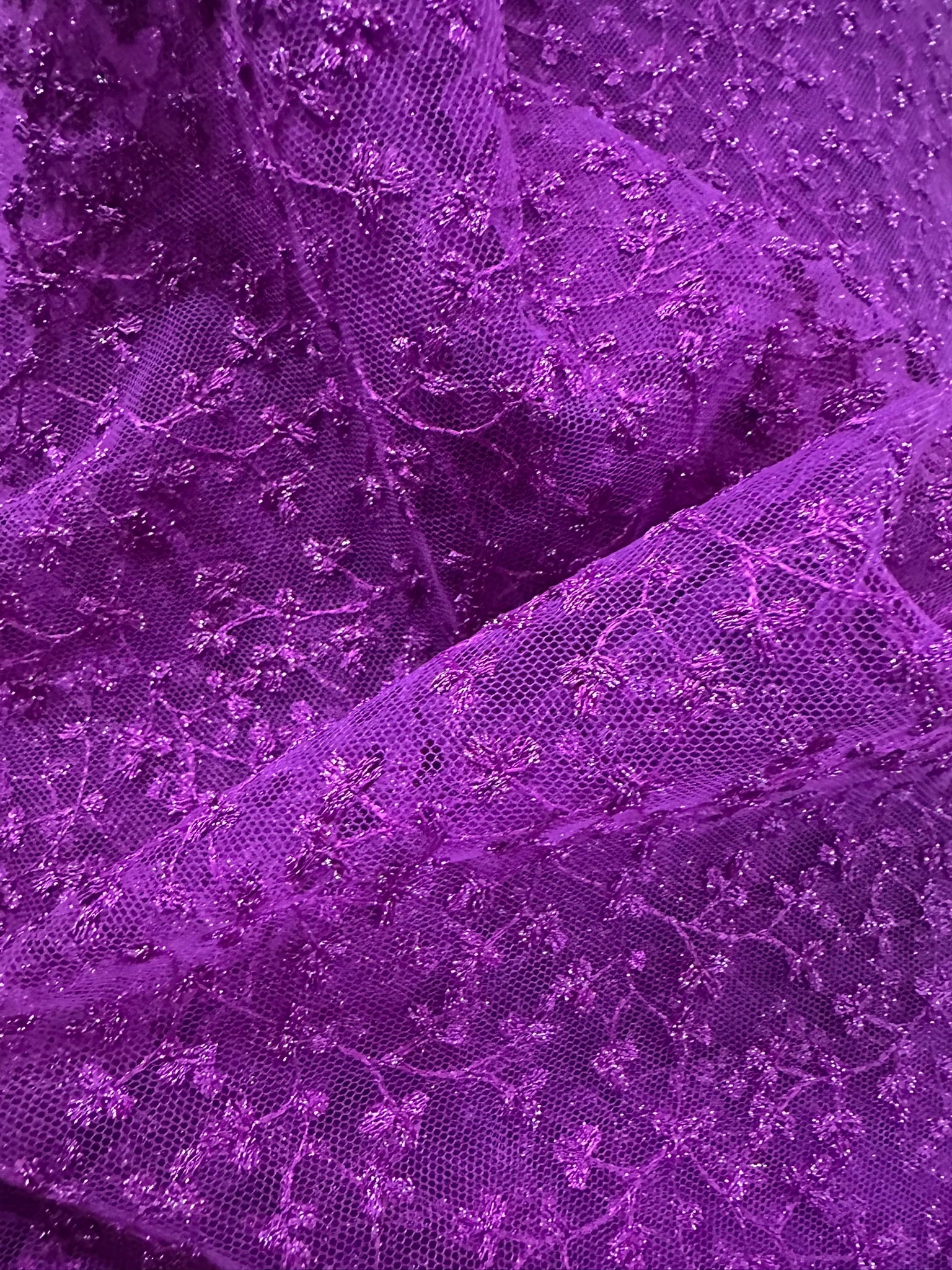 Magenta Embroidered Lace Fabric with Metallic Thread – Delicate Floral Design