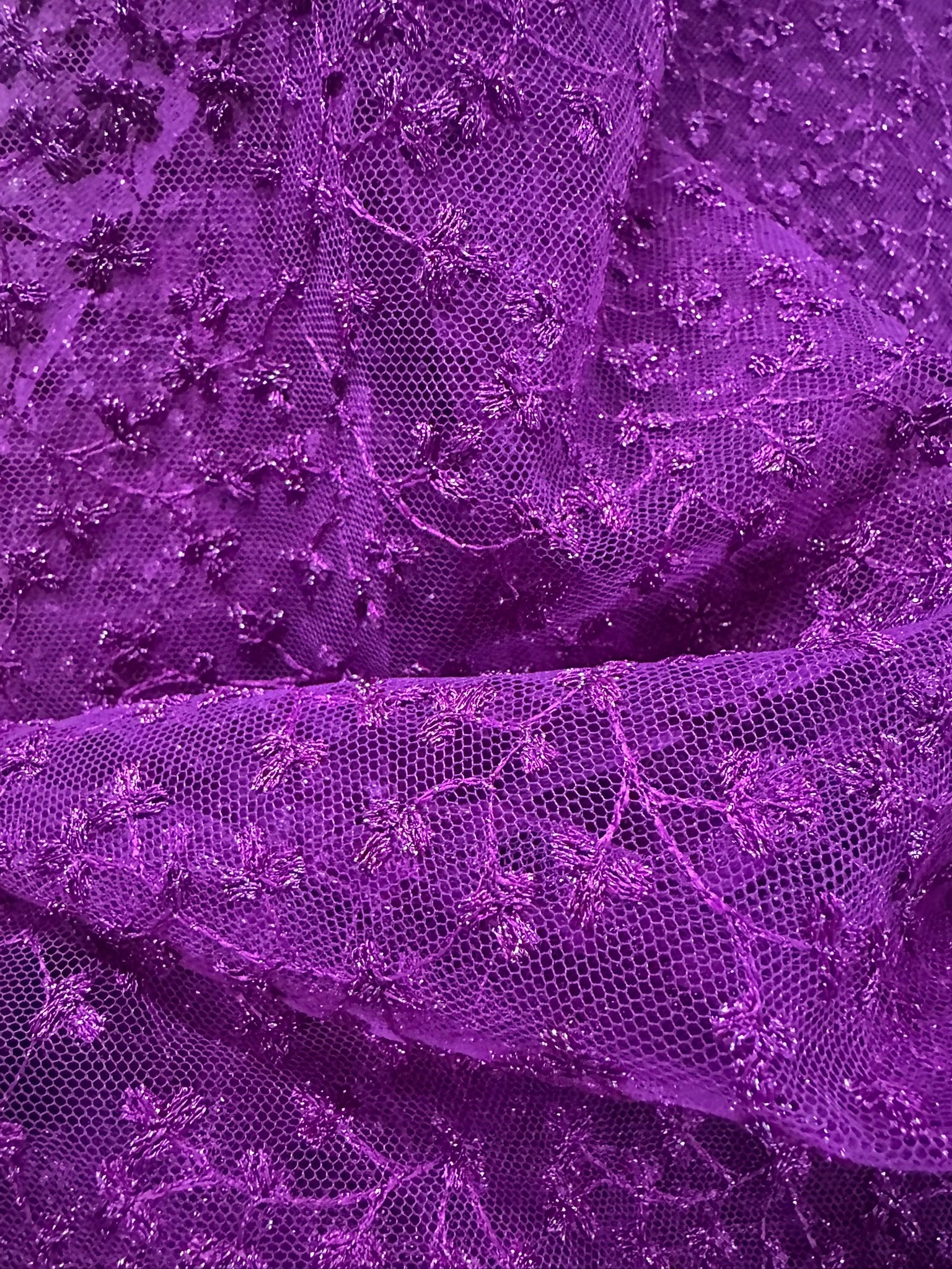 Magenta Embroidered Lace Fabric with Metallic Thread – Delicate Floral Design