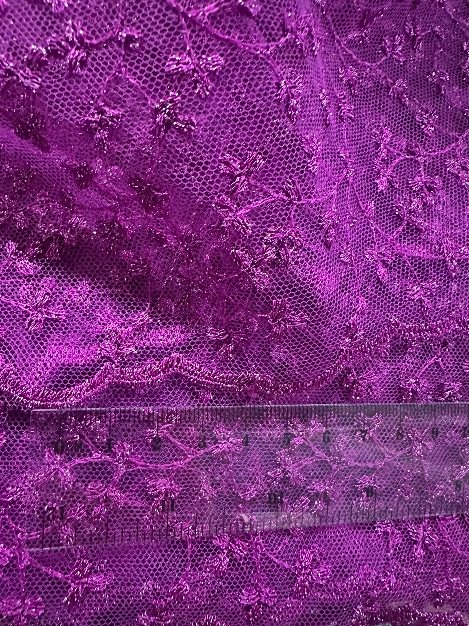 Magenta Embroidered Lace Fabric with Metallic Thread – Delicate Floral Design