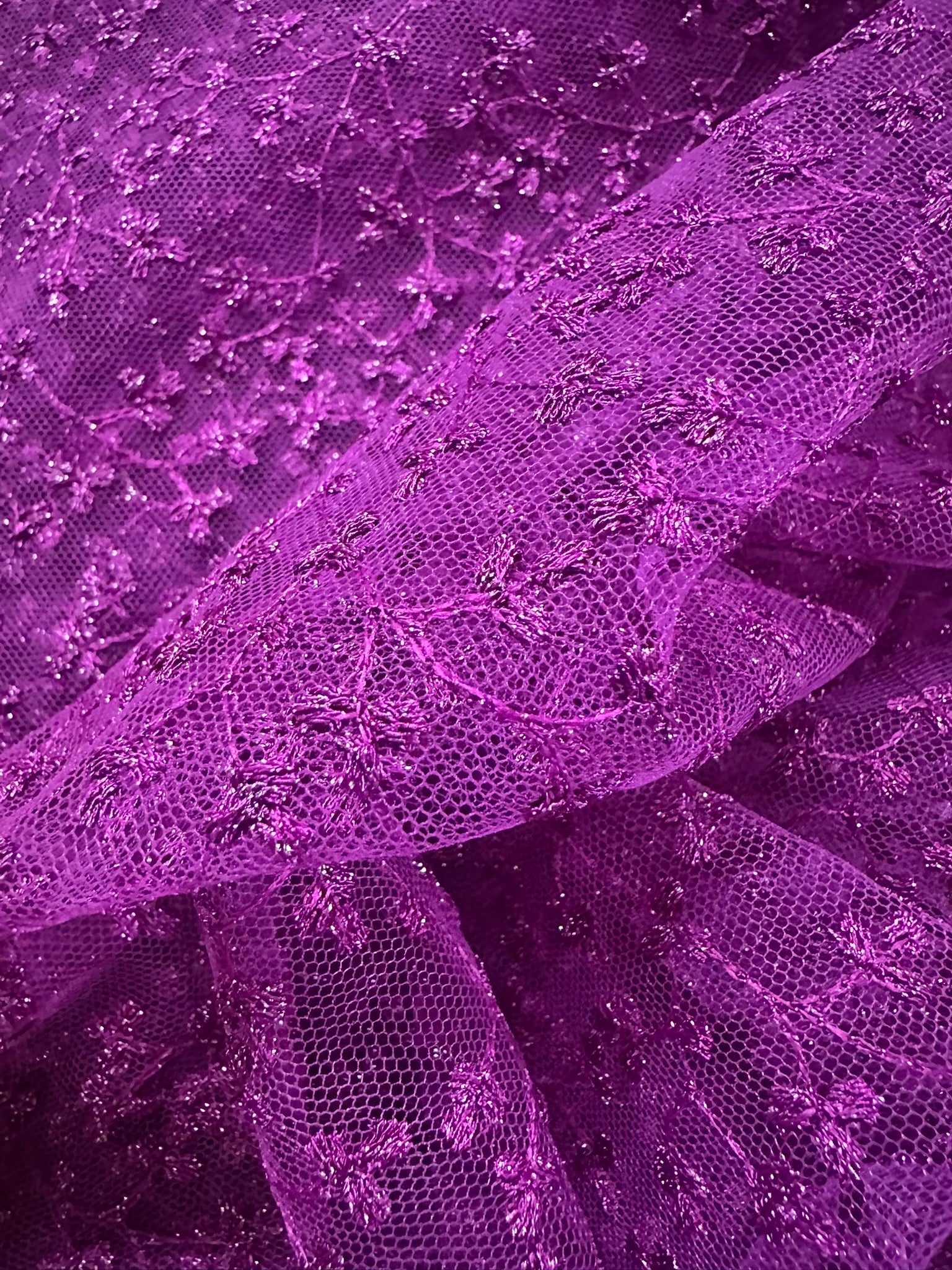 Magenta Embroidered Lace Fabric with Metallic Thread – Delicate Floral Design