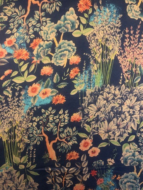 Flower & Leaf Print on Navy Satin