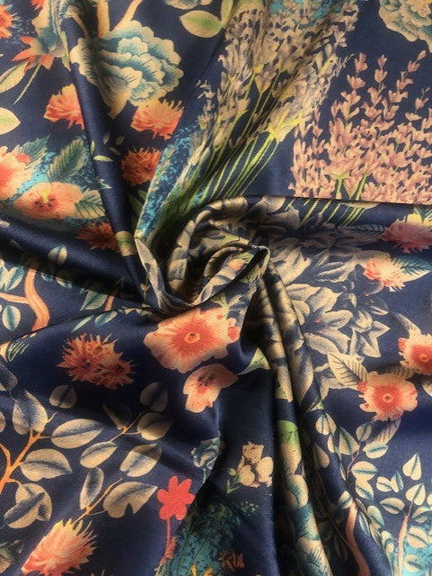 Flower & Leaf Print on Navy Satin