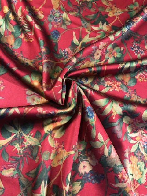 Flower & Leaf Print on Red Satin
