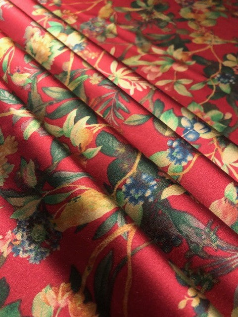 Flower & Leaf Print on Red Satin