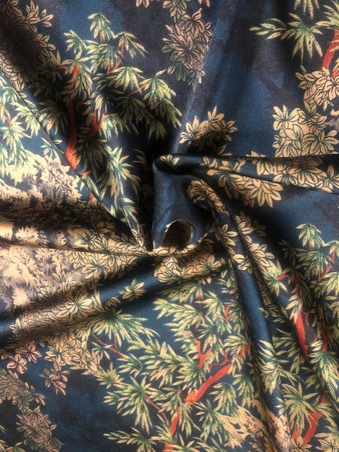 Tree & Leaf Print on Navy Satin