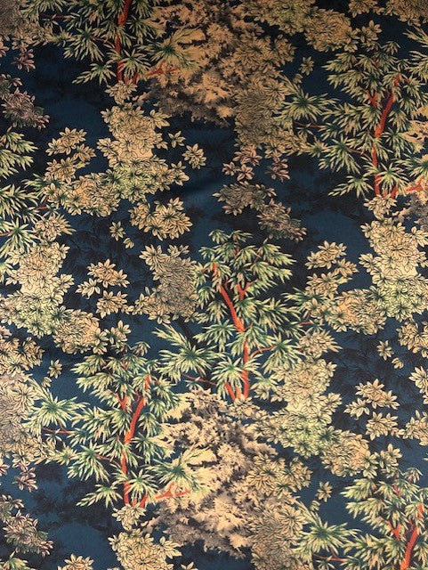 Tree & Leaf Print on Navy Satin
