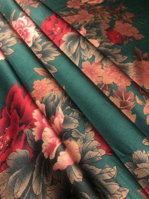 Flower Print on Green Satin