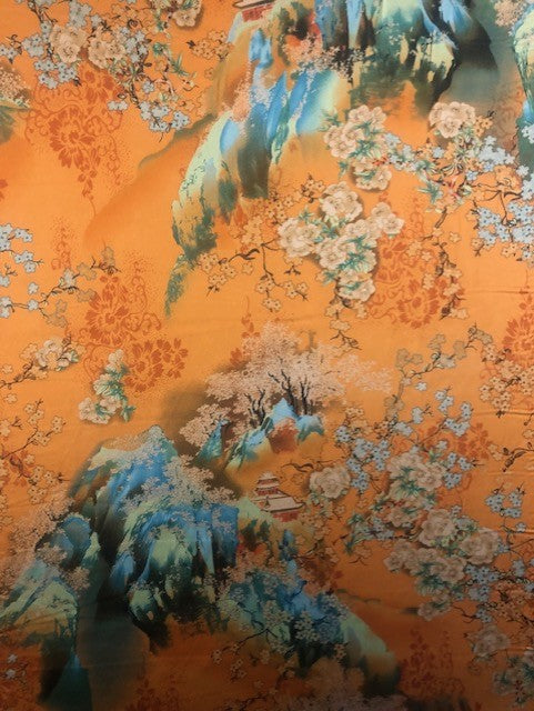 Chinoiserie Landscape & Flower Print on Orange Satin