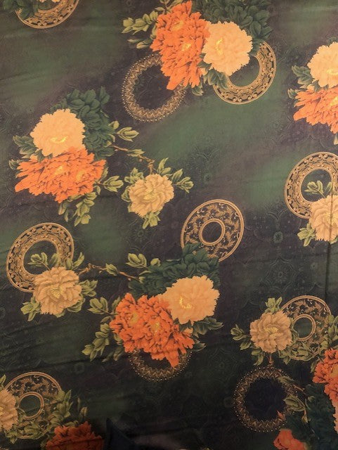 Oriental Style Flower Print on Satin
