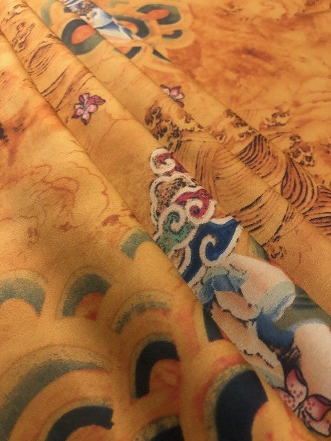 Oriental Style Print on Gold Satin