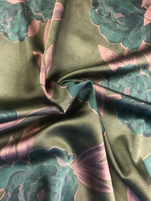 Flower & Leaf Print on Green Satin