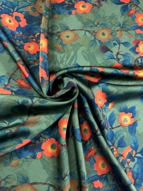 Orange Flowers & Leaf Print on Green Satin