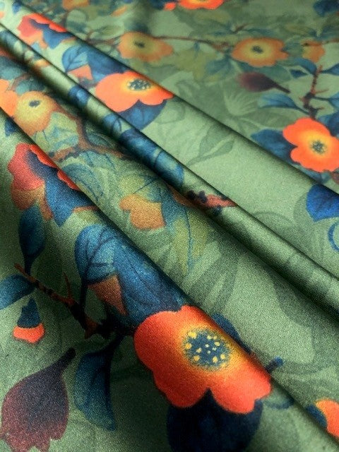 Orange Flowers & Leaf Print on Green Satin