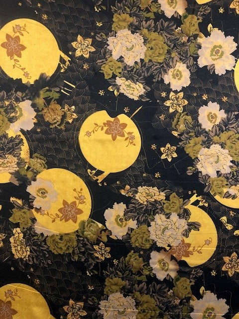 Yellow Moon & Flower Print on Black Satin