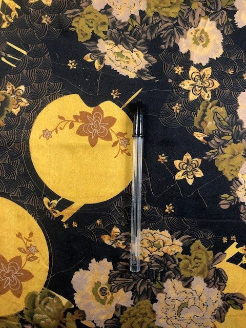 Yellow Moon & Flower Print on Black Satin