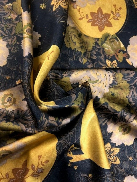 Yellow Moon & Flower Print on Black Satin