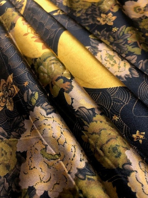 Yellow Moon & Flower Print on Black Satin