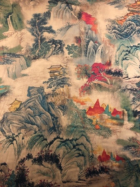 Pagoda & Landscape Oriental Style Print on Satin