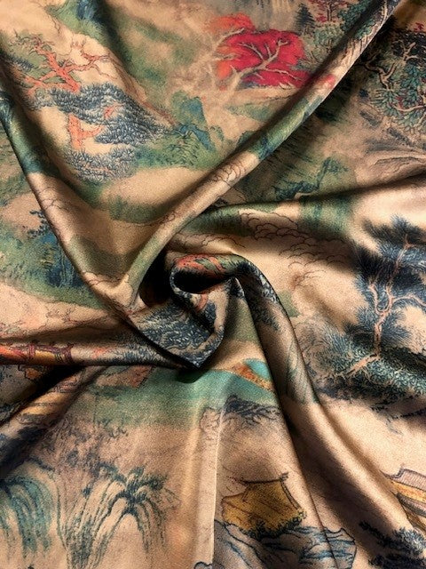Pagoda & Landscape Oriental Style Print on Satin