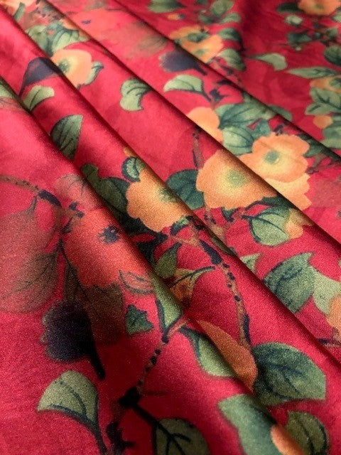 Orange Flower & Green Leaf Print on Red Satin