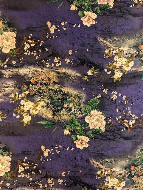 Floral Chinoiserie Print on Purple Satin