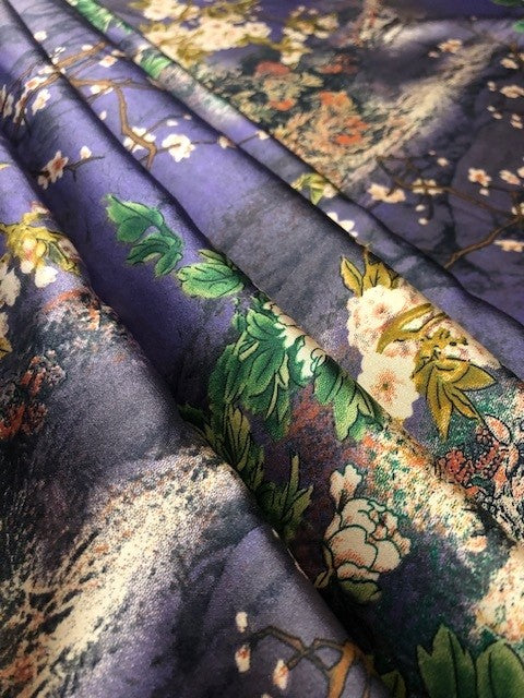 Floral Chinoiserie Print on Purple Satin