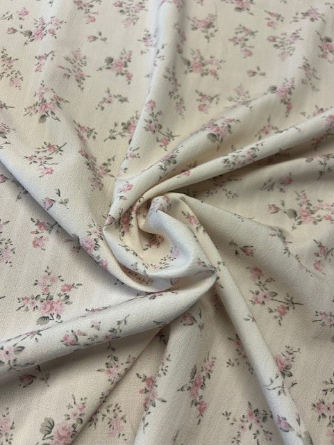 Pink & Grey Floral Polyester Fabric on Champagne Textured Base – Lightweight Fashion