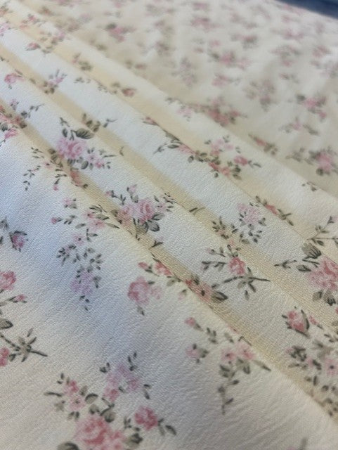 Pink & Grey Floral Polyester Fabric on Champagne Textured Base – Lightweight Fashion