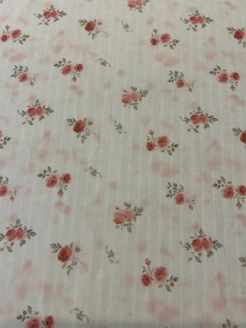 Rose Pink & Grey Floral Polyester Fabric on Ivory Textured Base – Lightweight Dress Fabric