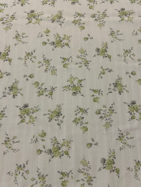 Pistachio & Grey Floral Polyester Fabric – Cream Crinkle Base