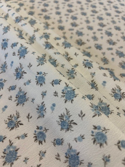 Blue & Grey Floral Polyester Fabric – Ivory Crinkle Base