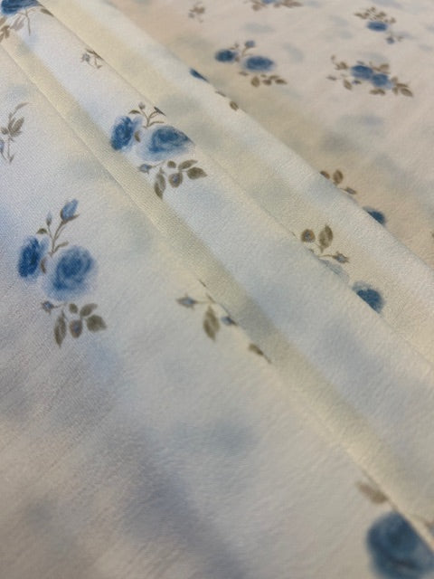 Blue & Taupe Floral Polyester Fabric – Ivory Crinkle Base