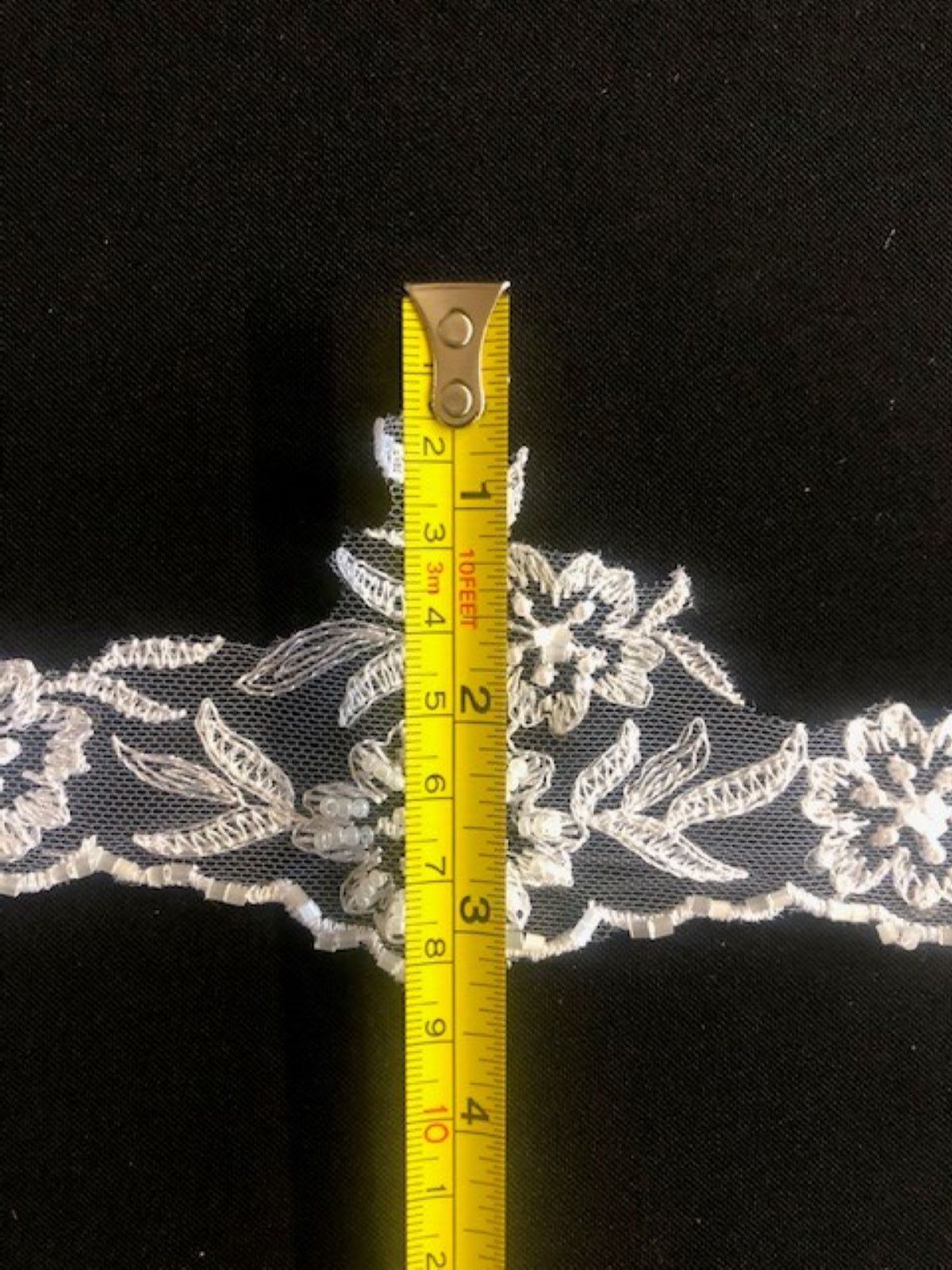 White Lace Like Edging With Pearls & Beading. 8cm Maximum Width