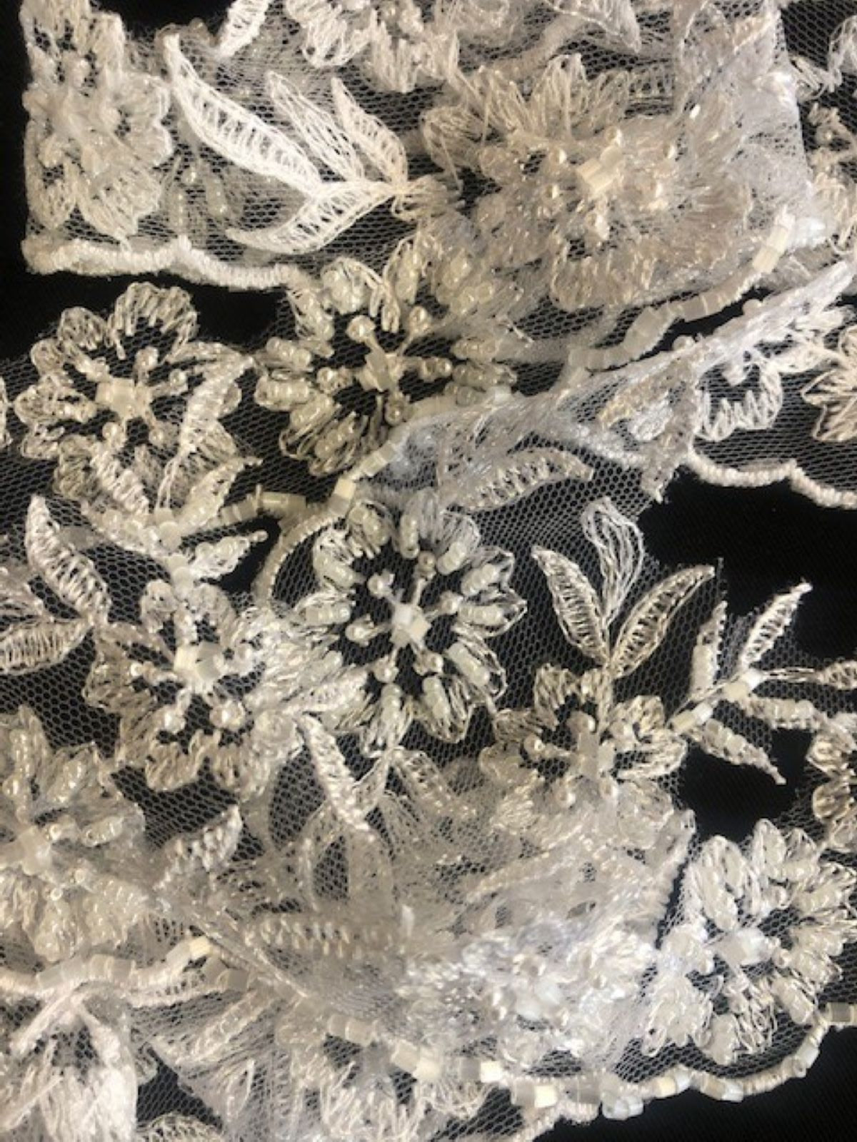 White Lace Like Edging With Pearls & Beading. 8cm Maximum Width