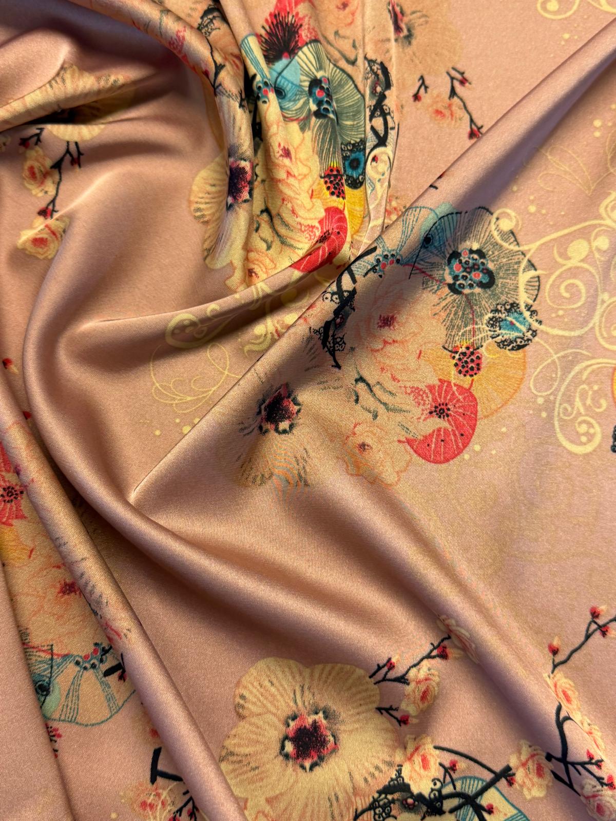 Peach Floral Chinoiserie Polyester Satin Fabric | Silky Dress Fabric | 140cm Wide