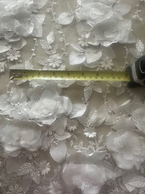 Ivory Laser Cut 3D Trailing Floral with Pearl & Sequin Detail on Tulle