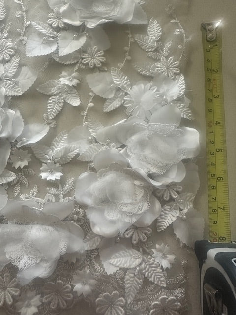 Ivory Laser Cut 3D Trailing Floral with Pearl & Sequin Detail on Tulle